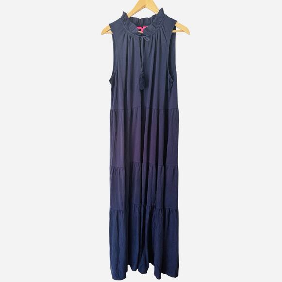 NWOT Lilly Pulitzer Malone Navy Blue Maxi Dress Size Small Tiered Tassel Boho - Picture 4 of 11